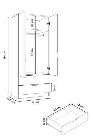 Lento 2 Kapaklı 1 Askılı 2 Çekmeceli Gardırop Beyaz