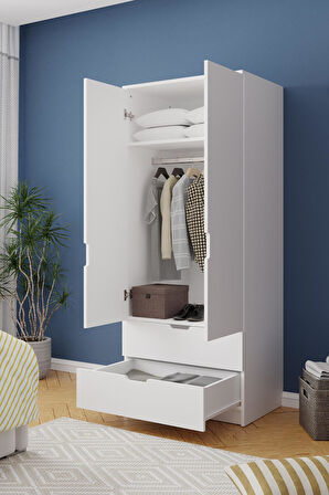 Lento 2 Kapaklı 1 Askılı 2 Çekmeceli Gardırop Beyaz