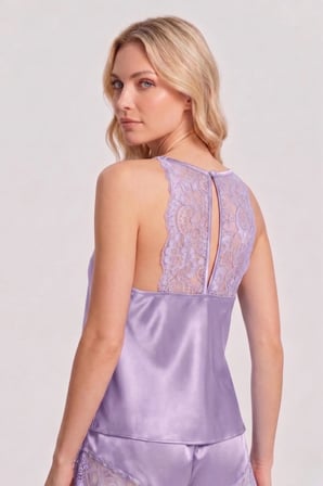 Laperissa Kadın Pijama Takımı Mor Saten Dantelli İnce Askılı Şortlu Yazlık