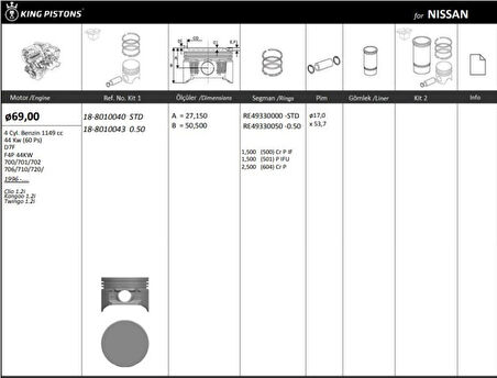 Nissan Motor Piston Segman Kangoo Clio Twingo 1,2i D7f (69,00mm) / (std) - Kingpiston 18-8010040