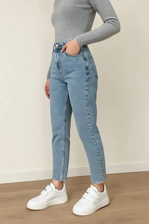 Kadın Likralı Mom Mavi Kar Yıkama Jean Kot Pantolon-3