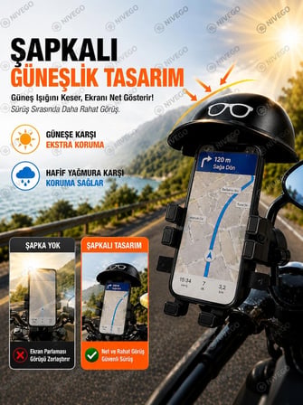 Nivego Ayna Montajlı Şapkalı Motosiklet Telefon Tutucu 360° Döner Güçlü Sabitleme Scooter Uyumlu