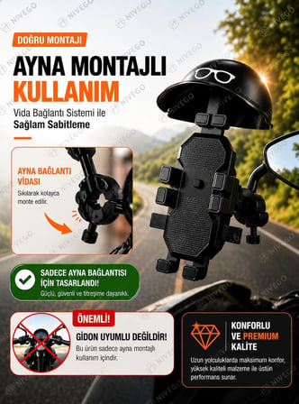 Nivego Ayna Montajlı Şapkalı Motosiklet Telefon Tutucu 360° Döner Güçlü Sabitleme Scooter Uyumlu