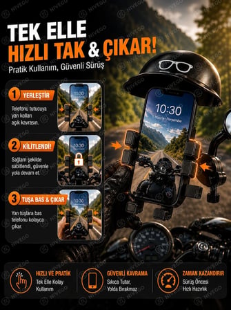 Nivego Ayna Montajlı Şapkalı Motosiklet Telefon Tutucu 360° Döner Güçlü Sabitleme Scooter Uyumlu