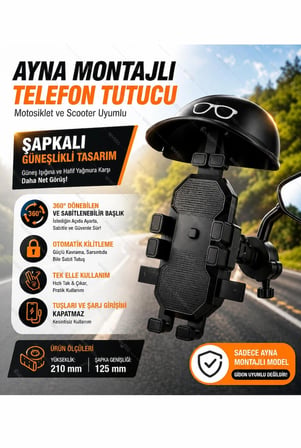 Nivego Ayna Montajlı Şapkalı Motosiklet Telefon Tutucu 360° Döner Güçlü Sabitleme Scooter Uyumlu