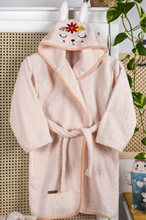 %100 Pamuk Bebek Çocuk Bornozu Kapüşonlu Nakışlı Hayvan Figürlü Bornoz