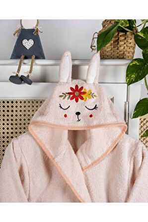 %100 Pamuk Bebek Çocuk Bornozu Kapüşonlu Nakışlı Hayvan Figürlü Bornoz