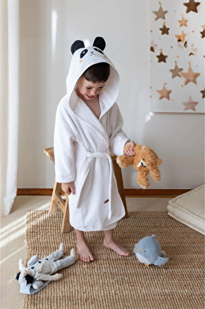%100 Pamuk Bebek Çocuk Bornozu Kapüşonlu Nakışlı Hayvan Figürlü Bornoz