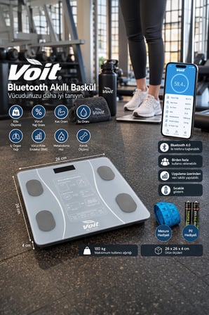 Voit Gri Bluetooth Baskül - Dijital Akıllı Tartı - Yağ Ölçer Tartı - Pil ve Mezuro Hediyeli Tartı
