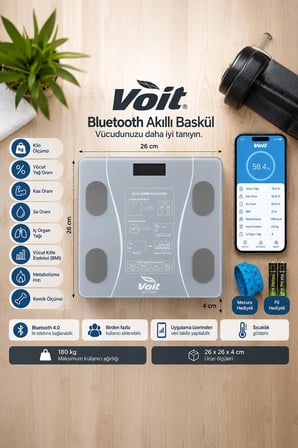 Voit Gri Bluetooth Baskül - Dijital Akıllı Tartı - Yağ Ölçer Tartı - Pil ve Mezuro Hediyeli Tartı