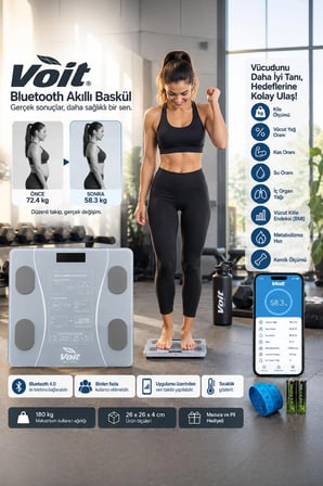 Voit Gri Bluetooth Baskül - Dijital Akıllı Tartı - Yağ Ölçer Tartı - Pil ve Mezuro Hediyeli Tartı