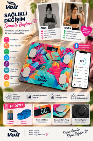 Voit Colorful Bluetooth Baskül Dijital Akıllı Tartı Yağ Ölçer Tartı - Pil ve Mezuro Hediyeli Tartı
