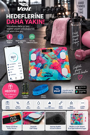 Voit Colorful Bluetooth Baskül Dijital Akıllı Tartı Yağ Ölçer Tartı - Pil ve Mezuro Hediyeli Tartı