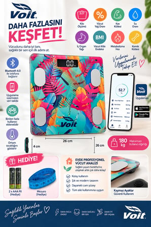 Voit Colorful Bluetooth Baskül Dijital Akıllı Tartı Yağ Ölçer Tartı - Pil ve Mezuro Hediyeli Tartı