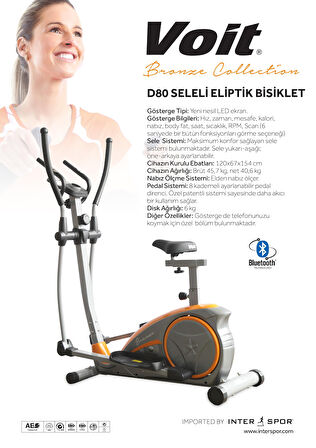 Voit D80 Bronze Collection Seleli Eliptik Kondisyon Bisikleti | Bluetooth Destekli, 8 Kademe Dirençli, LED Göstergeli, Nabız Ölçerli
