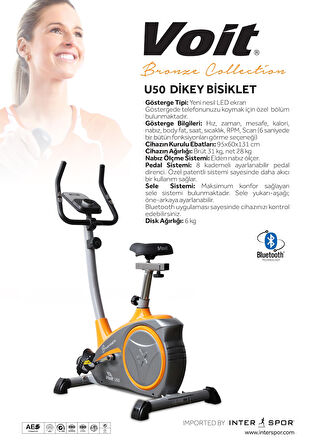 Voit U50 Bronze Collection Dikey Kondisyon Bisikleti | Bluetooth Özellikli, 8 Kademe Direnç, Nabız Ölçerli, LED Ekranlı
