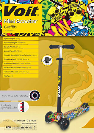 Voit 218 Graffiti Desenli IŞIKLI 3 TEKER SCOOTER Ayarlanabilir Gidonlu