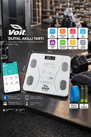 Voit BLT5000 Bluetooth Baskül - Dijital Akıllı Tartı - Yağ Ölçer Tartı - Pil ve Mezura Hediyeli Tartı - Beyaz
