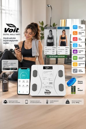 Voit BLT5000 Bluetooth Baskül - Dijital Akıllı Tartı - Yağ Ölçer Tartı - Pil ve Mezura Hediyeli Tartı - Beyaz