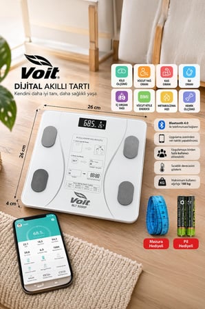 Voit BLT5000 Bluetooth Baskül - Dijital Akıllı Tartı - Yağ Ölçer Tartı - Pil ve Mezura Hediyeli Tartı - Beyaz