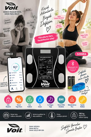 Voit BLT5000 Bluetooth Baskül - Dijital Akıllı Tartı - Yağ Ölçer Tartı - Pil ve Mezura Hediyeli Tartı - Siyah