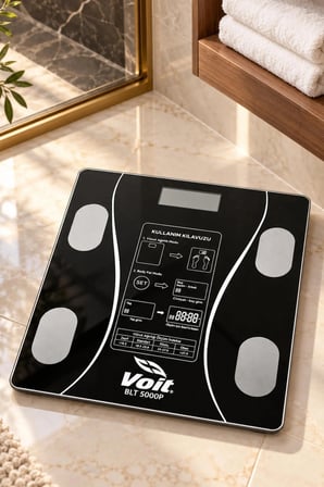 Voit BLT5000 Bluetooth Baskül - Dijital Akıllı Tartı - Yağ Ölçer Tartı - Pil ve Mezura Hediyeli Tartı - Siyah