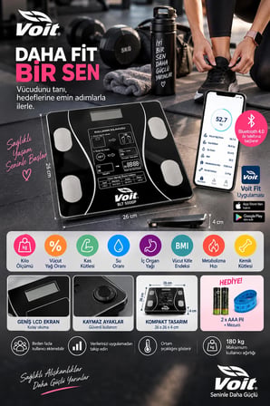 Voit BLT5000 Bluetooth Baskül - Dijital Akıllı Tartı - Yağ Ölçer Tartı - Pil ve Mezura Hediyeli Tartı - Siyah