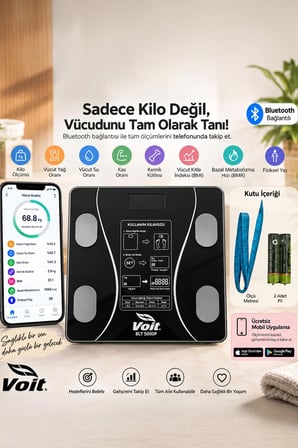 Voit BLT5000 Bluetooth Baskül - Dijital Akıllı Tartı - Yağ Ölçer Tartı - Pil ve Mezura Hediyeli Tartı - Siyah