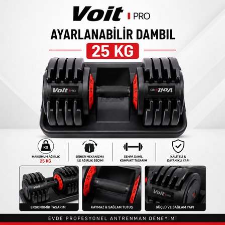 Voit Pro 25 Kg Ayarlanabilir Dambıl Seti Sehpalı Ev Tipi Fitness Dumbbell Ağırlık Seti