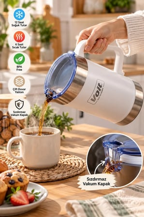 Voit 1.9 Litre Paslanmaz Çelik Termos Karaf Beyaz - Çift Duvar Yalıtımlı Sıcak Soğuk Sürahi