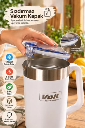 Voit 1.9 Litre Paslanmaz Çelik Termos Karaf Beyaz - Çift Duvar Yalıtımlı Sıcak Soğuk Sürahi