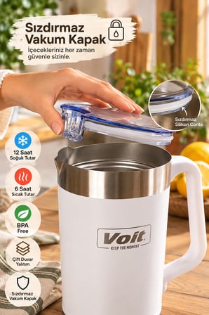Voit 1.9 Litre Paslanmaz Çelik Termos Karaf Beyaz - Çift Duvar Yalıtımlı Sıcak Soğuk Sürahi