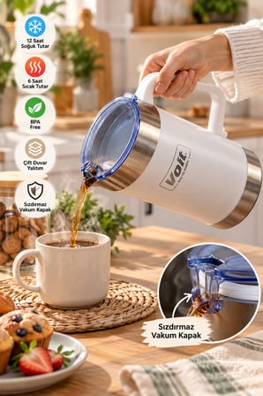 Voit 1.9 Litre Paslanmaz Çelik Termos Karaf Beyaz - Çift Duvar Yalıtımlı Sıcak Soğuk Sürahi