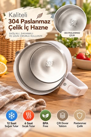 Voit 1.9 Litre Paslanmaz Çelik Termos Karaf Beyaz - Çift Duvar Yalıtımlı Sıcak Soğuk Sürahi
