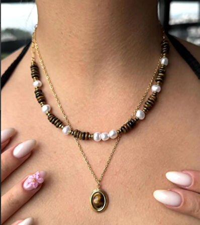 Altın Renk Taş Detaylı İkili Kolye