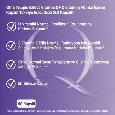 Qlife Tripple Effect Vitamin D + Vitamin C + Çinko 60 Kapsül