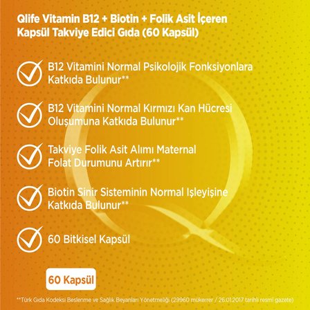 Qlife Vitamin B12 + Biotin & Folik Asit 60 Kapsül