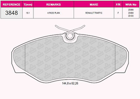 Renault On Fren Balatası Trafıc II Vivaro 01> - Beser 3848