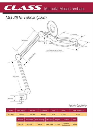 Class MG-2815 Masa Üstü 81Ledli Büyüteç 5x 20x Dokunmatik Anahtarlı