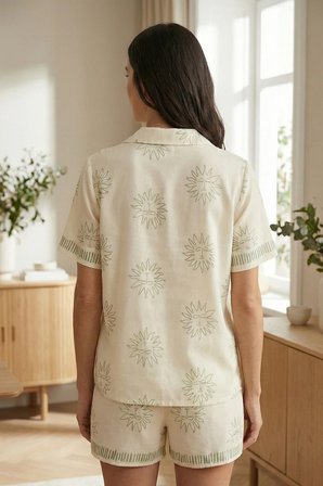 Laperissa Kadın Pijama Takımı Ekru Viskon Şortlu Kısa Kol Baskılı Desenli