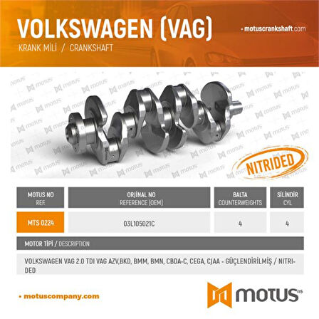 Vag Krank MILI ( Guclendirilmis ) Amarok 10>16 CC 12>17 Jetta 11>18 Passat 11>15 Tiguan 08>18 T6 10>15 A - Motus 224