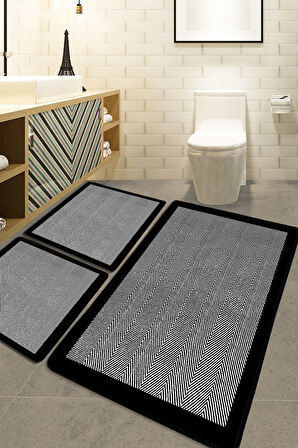 3’lü Banyo Paspas Takımı Kaymaz Tabanlı Yıkanabilir Siyah B1255