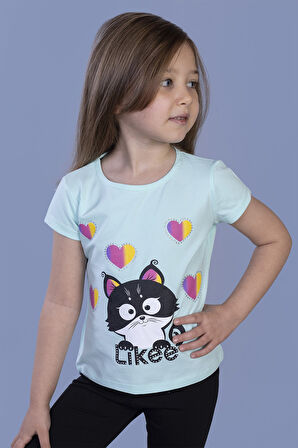 Toontoy Kız Çocuk Likee Kedi Baskılı Tişört