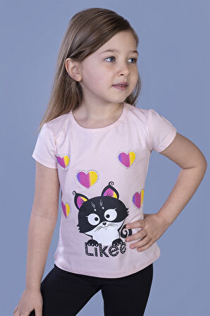 Toontoy Kız Çocuk Likee Kedi Baskılı Tişört