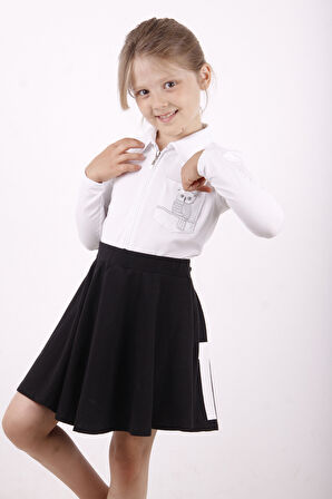 Toontoy Kız Çocuk Cep Üstü Baykuş Nakışlı Fermuarlı Tişört