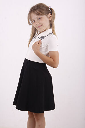 Toontoy Kız Çocuk Yakası Kedi Nakışlı Fermuarlı Tişört