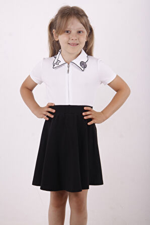 Toontoy Kız Çocuk Yakası Kedi Nakışlı Fermuarlı Tişört