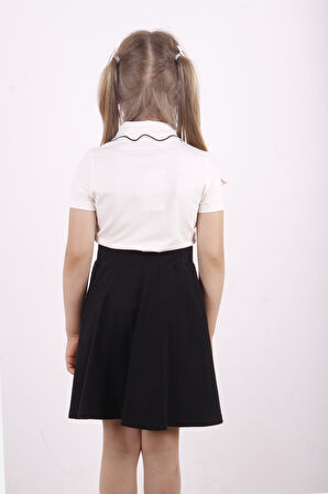 Toontoy Kız Çocuk Yakası Kedi Nakışlı Fermuarlı Tişört