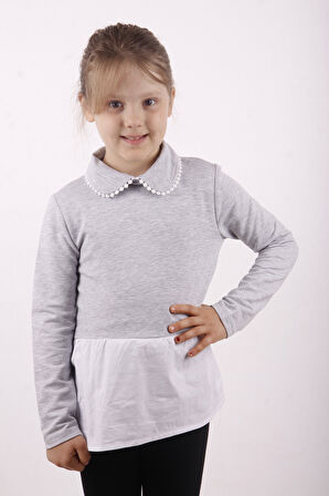 Toontoy Kız Çocuk Gömlek Detaylı Yakası Aksesuarlı Sweatshirt