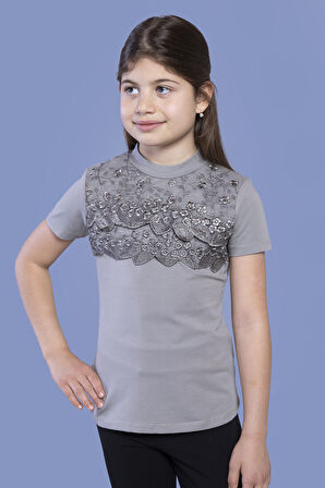 Toontoy Kız Çocuk Önü Çiçek Dantelli T-Shirt